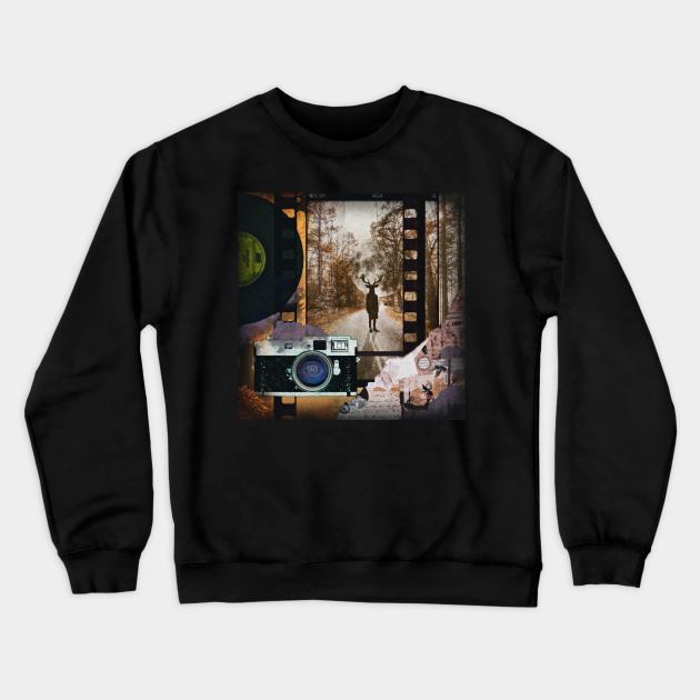 Horror movie vintage retro aesthetic cottagecore surrealism landscape nature fantastic fantasy Halloween deer orange camera creepy spooky vinyl music Crewneck Sweatshirt by AGRHouse